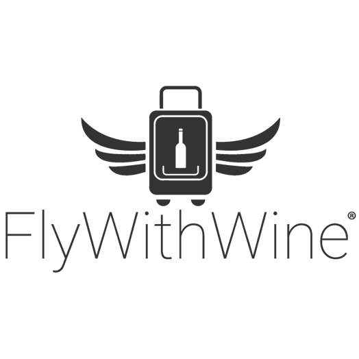 FlyWithWine logo of a wine suitcase with wings.