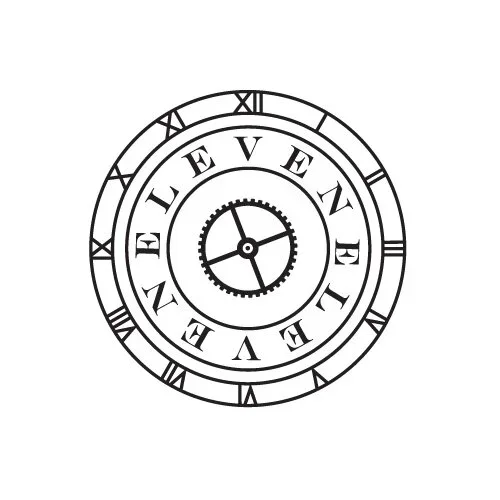 Eleven Eleven winery. A black and white clock with Roman numerals and the words "ELEVEN" written multiple times around the face.