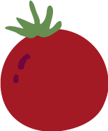 A cartoon illustration of a red tomato with green leaves on top.