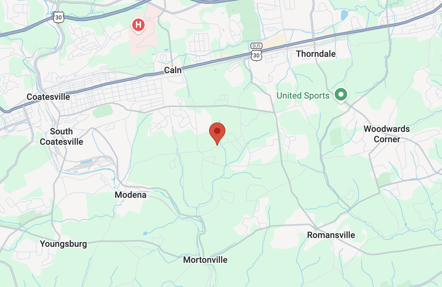 Map showing locations around Coatesville, South Coatesville, Modena, and nearby towns in Pennsylvania, with markers for United Sports and a hospital north of Caln.