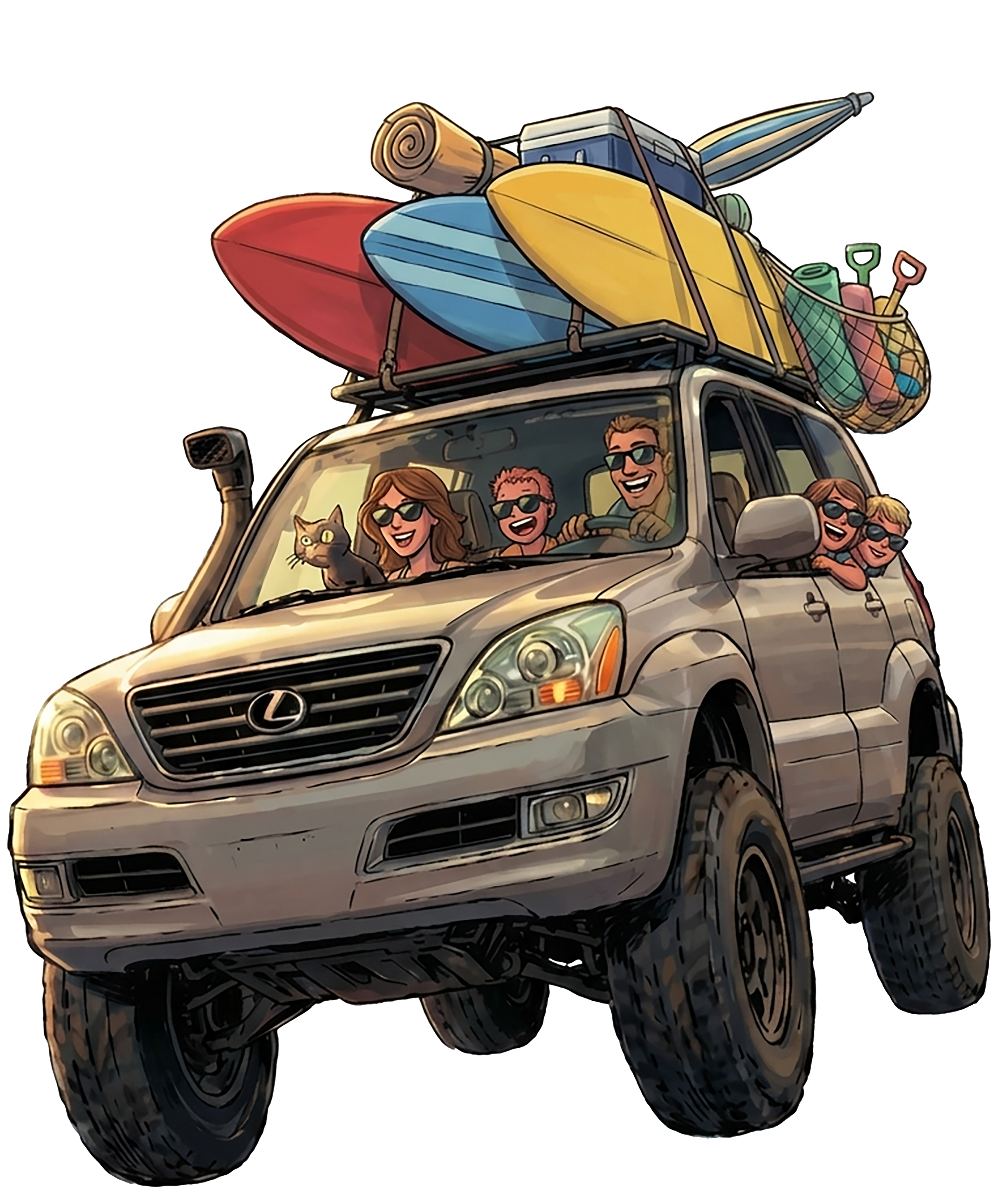 A family in a Lexus GX470 with surfboards and beach gear on the roof rack.