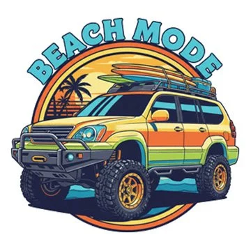 Stylized Illustration of a yellow Lexus GX Offroad SUV with surfboards on top, set against a sunset with palm trees, featuring the text 'Beach Mode'