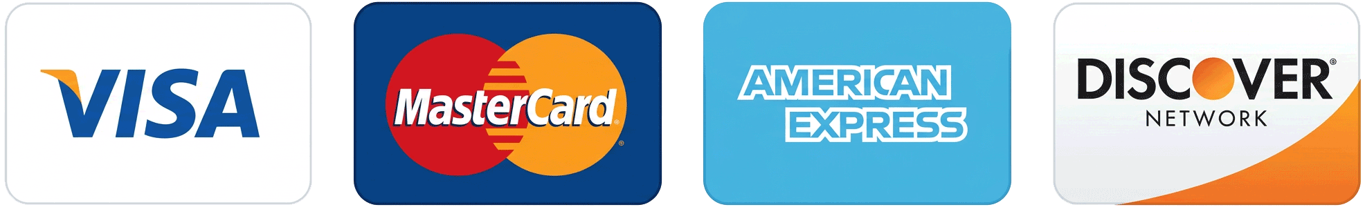 We accept VISA, Master Card, American Express and Discover Card.