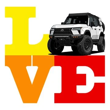 Our GX Love t-shirt and hoodiew design features a Lexus GX550 placed over a colorful LOVE graphic with yellow, orange, and red blocks.