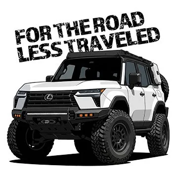 A white Lexus GX550 Offroad SUV facing towards the viewer. Text above reads 'FOR THE ROAD LESS TRAVELED'.