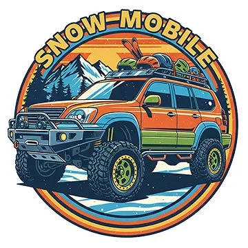 Illustration of an orange and blue off-road vehicle with camping gear on top, set against a backdrop of mountains, with the text 'Snow-Mobile' above in bold letters.