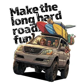 A Lexus GX Offroad SUV with a family inside, loaded with surfboards and luggage on top, driving on a road with the phrase 'Make the long hard road fun!' in the background.
