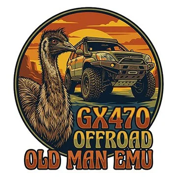 Illustration of an emu with a Lexus GX Offroad SUV in the background. Text reads "GX470 Offroad Old Man Emu" to celebrate the legendary suspension upgrade.