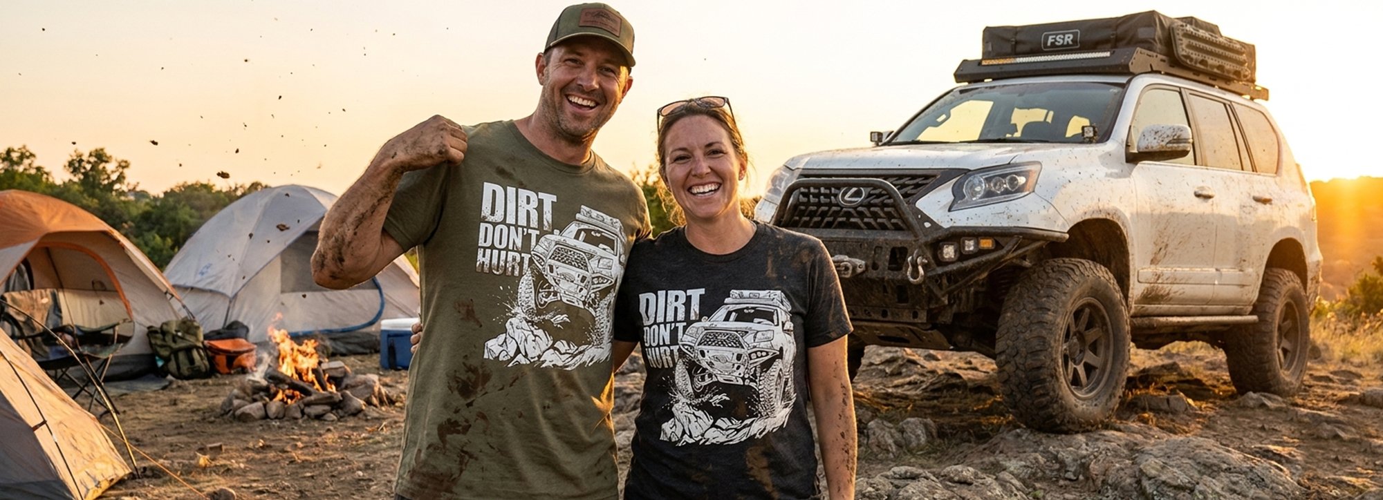 outdoorsy couple wearing gx offroad tees - custom offroad apparel created for the GX offroad enthusiasts.
