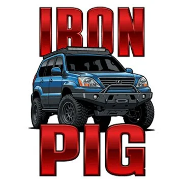 Graphic design featuring a blue Lexus GX470 off-road vehicle, with the words 'IRON PIG' in bold red letters above and below the vehicle.