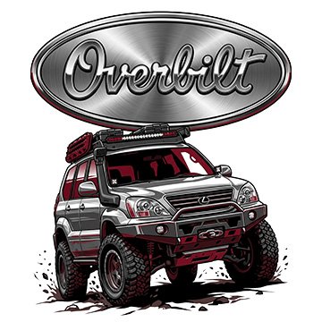 Illustration of an offroad Lexus GX470 with a large metallic graphic above that says 'Overbuilt' in stylized script.