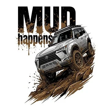 A Lexus GX Offroad SUV driving over mud and rocks with the text 'MUD happens' in the background.
