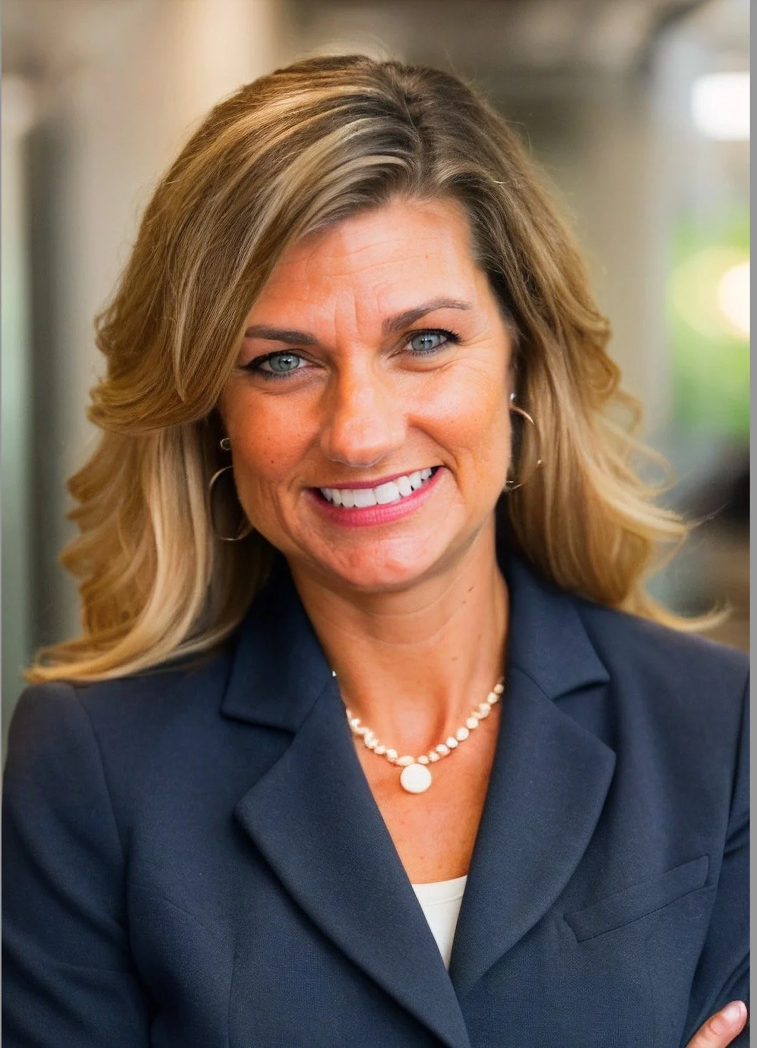 A smiling woman with blonde hair, wearing a navy blazer, a pearl necklace, and earrings, in a professional setting.