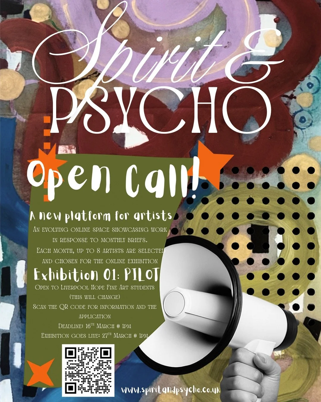 Exhibition 01 Open Call is LIVE!

Spirit&amp;Psycho invites submissions for Exhibition 01: PILOT
No theme. No brief. Just the work.
Open to Liverpool Hope Fine Art students.
Scan the QR code or visit the website to apply.