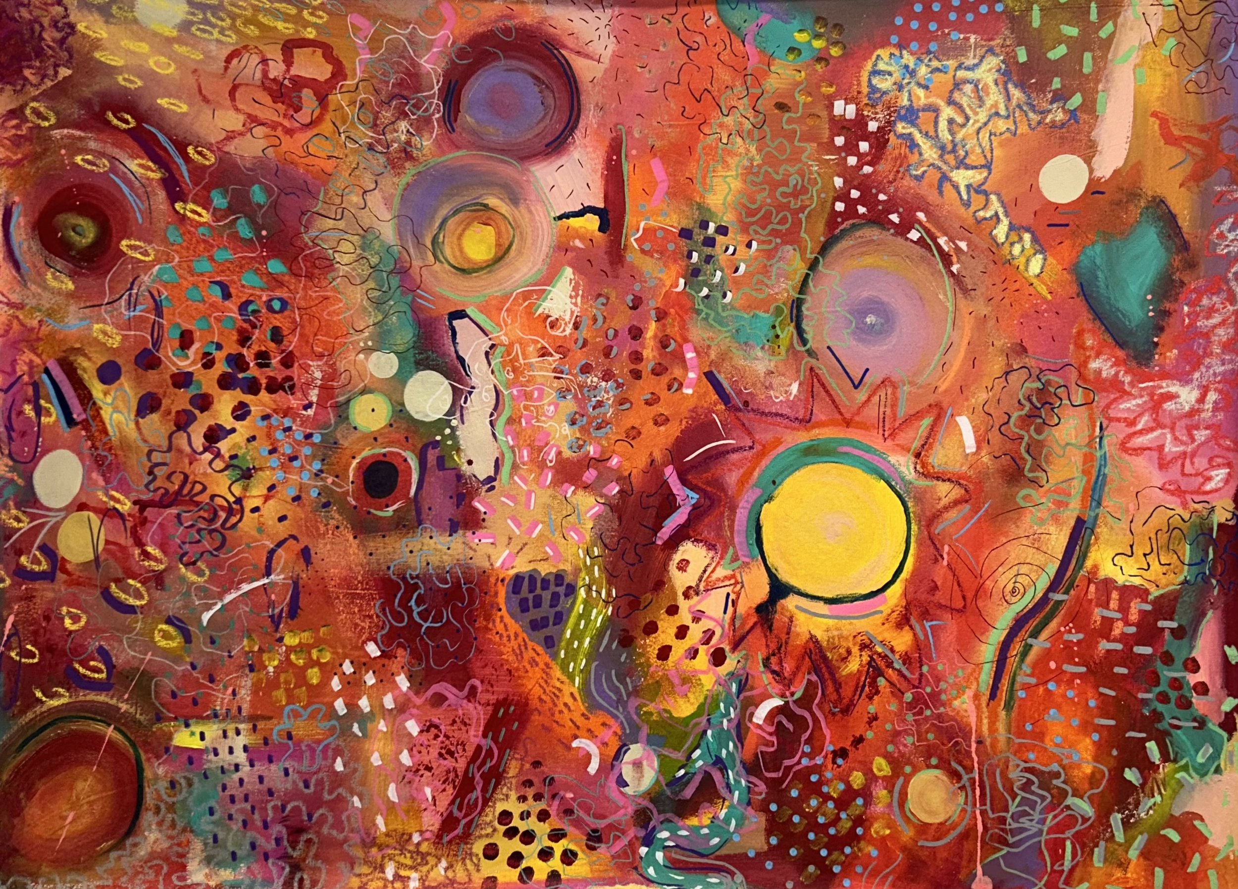 Faye Pedder, Real Love Baby, 2026, Gouache, Acrylic Paint, Paint Pens, Chalk and Oil Pastel on Canvas, 90cm x 45cm