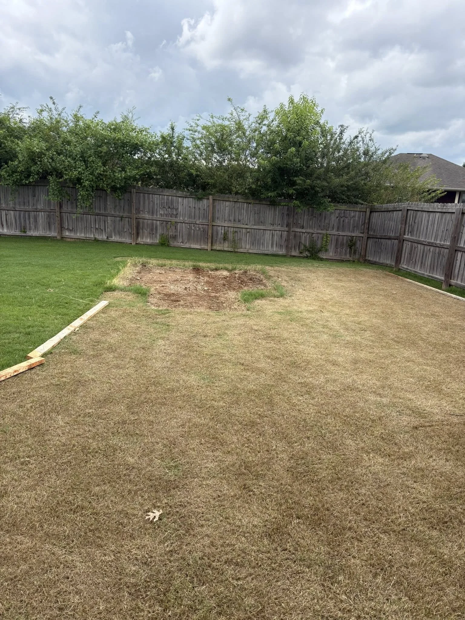 Backyard with grass and dirt patch, wooden fence, trees, cloudy sky, part of house roof visible