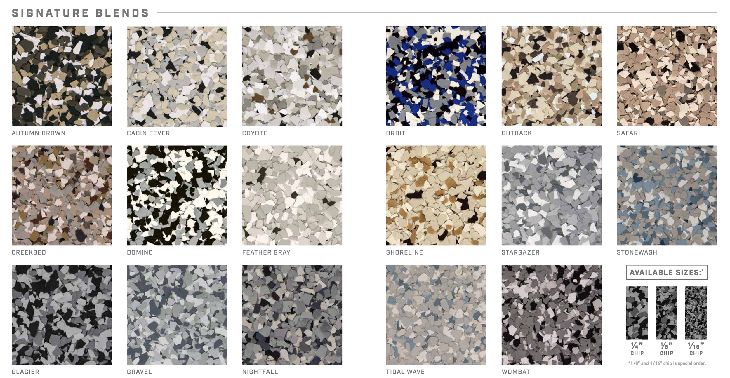 Flake colors for polyaspartic, epoxy, polyurea flooring. Signature colors for garage flooring. Popular garage flooring colors.