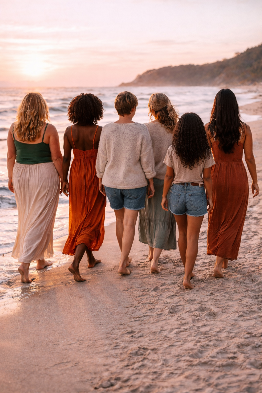“Women walking together on the beach reflecting support for women and girls aged 14+”