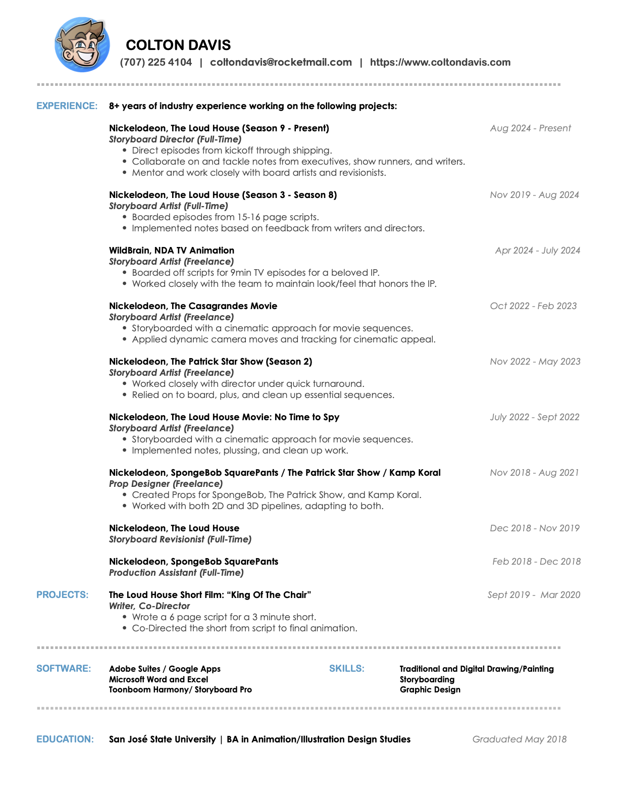 Resume for Storyboard Artist and Director Colton Davis