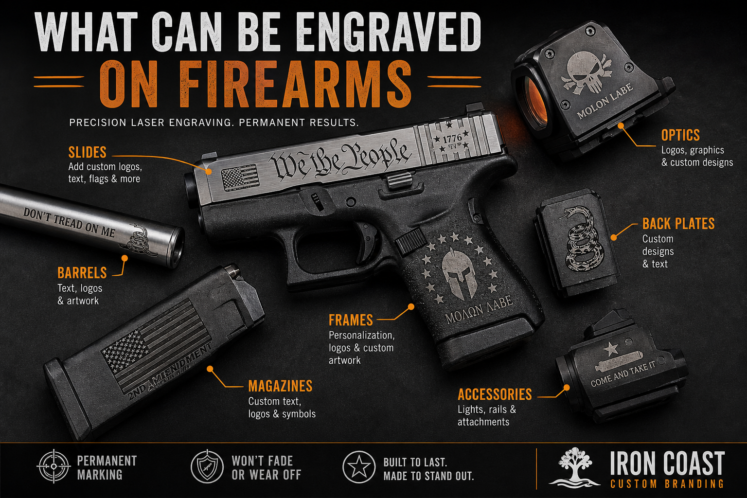 Custom firearm laser engraving in Horry County SC with detailed engraved handgun and precision laser work