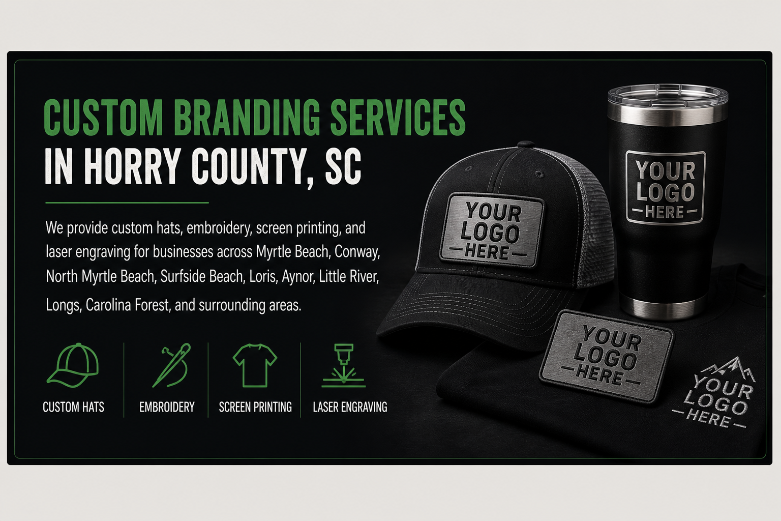 Custom branding services in Horry County SC featuring hats, tumbler, and logo mockups for businesses