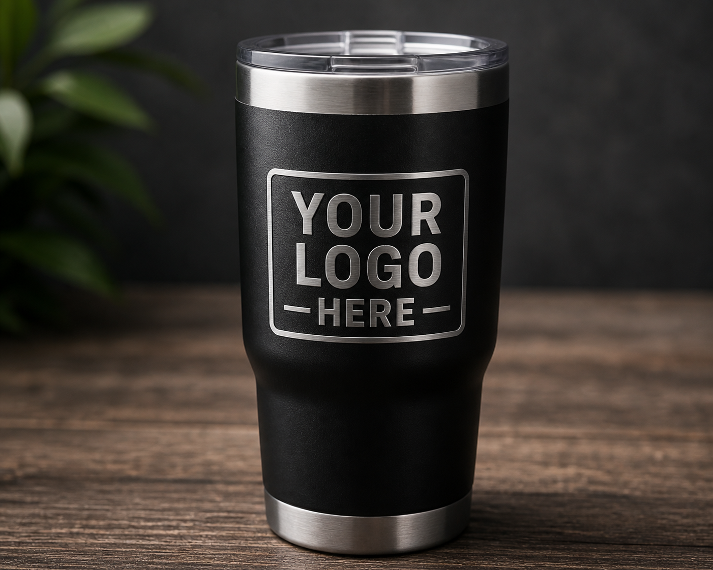Custom engraved black and silver tumbler with “your logo here” business branding mockup