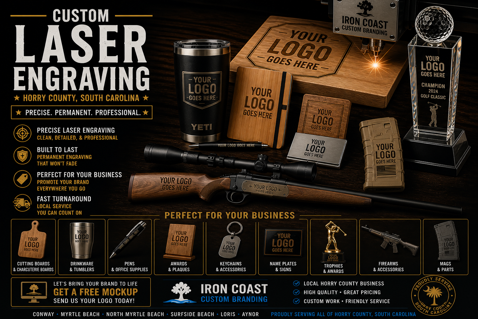 Display of customized laser engraved promotional items including a black tumbler, wooden notebooks, metal keychain, awards, a rifle, and a golf trophy, all with placeholder logos, on a dark background with promotional text for Iron Coast Custom Branding in Horry County, South Carolina.