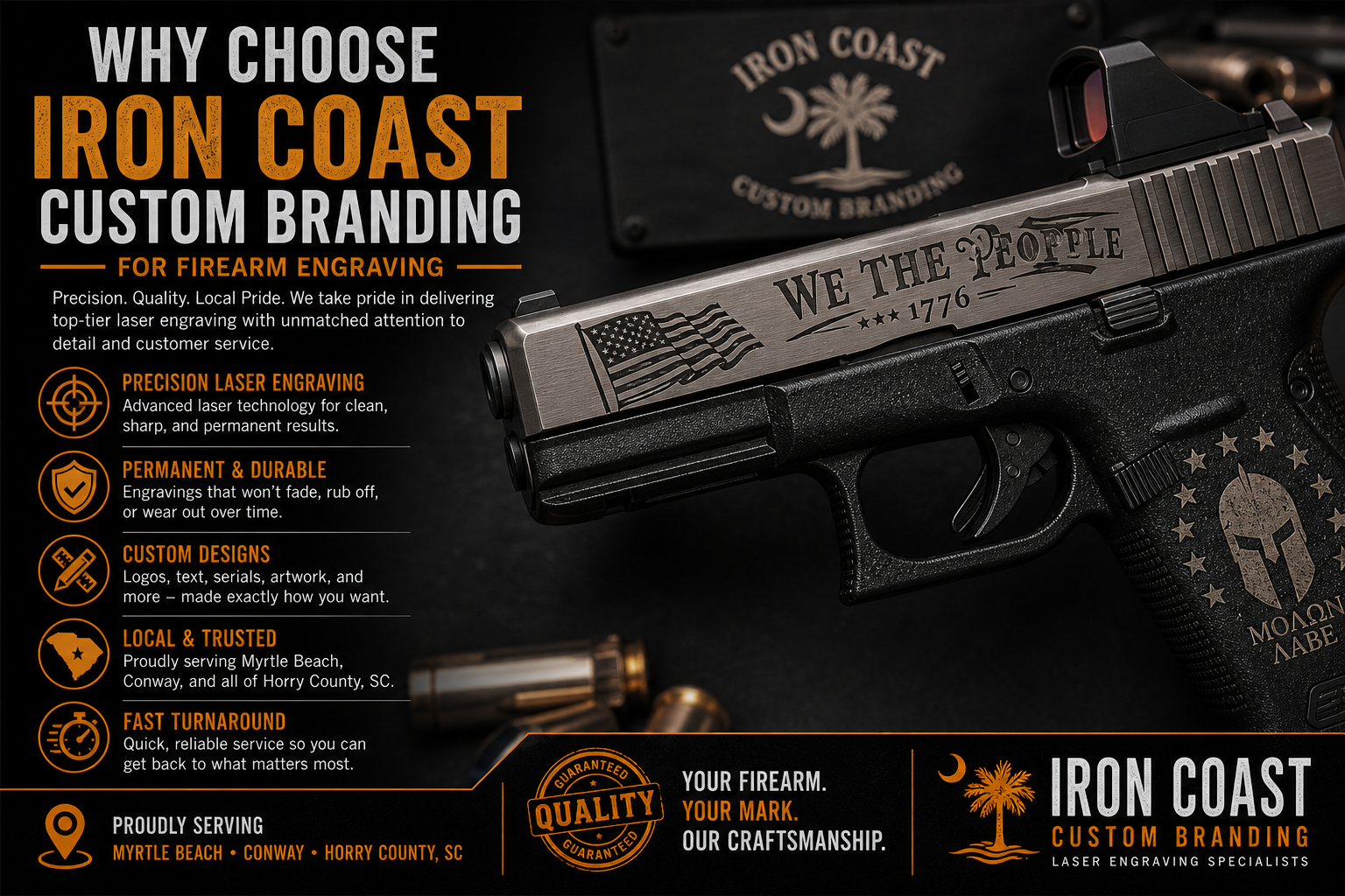 Custom firearm laser engraving in Horry County SC showing detailed engraved handgun with precision laser work