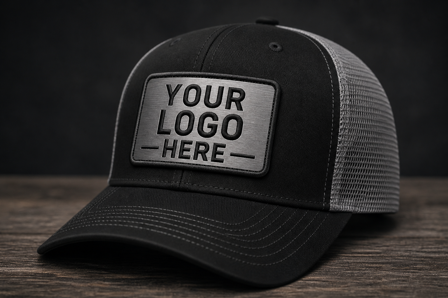 Black and gray trucker hat with a blank patch on the front, placed on a wooden surface against a dark background.