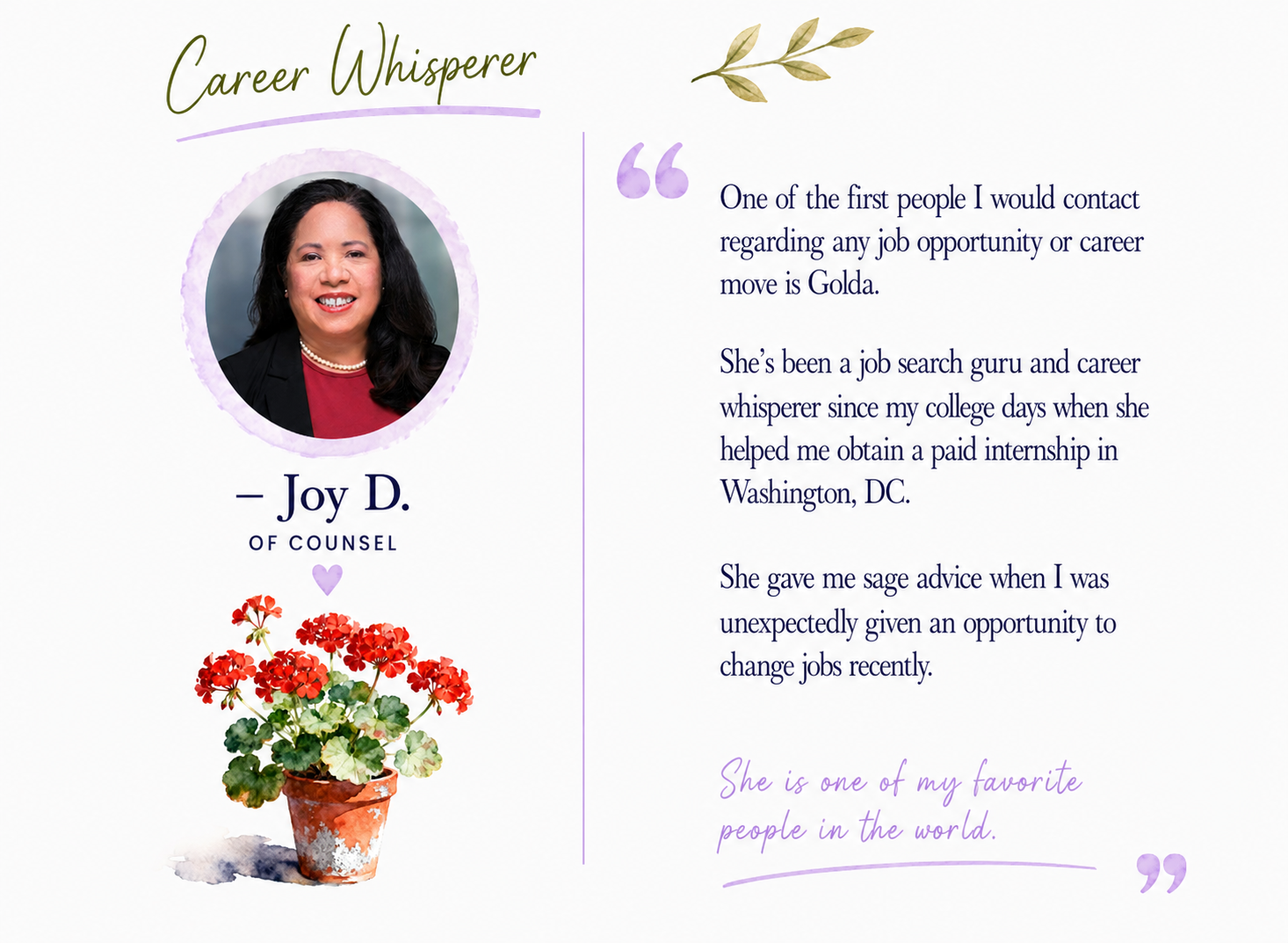 A digital graphic featuring a woman named Joy D., a career counselor, with a photo of her in a circular frame, red flowers in a pot, and a quote about her impact on the author, with decorative leaves and purple accents.