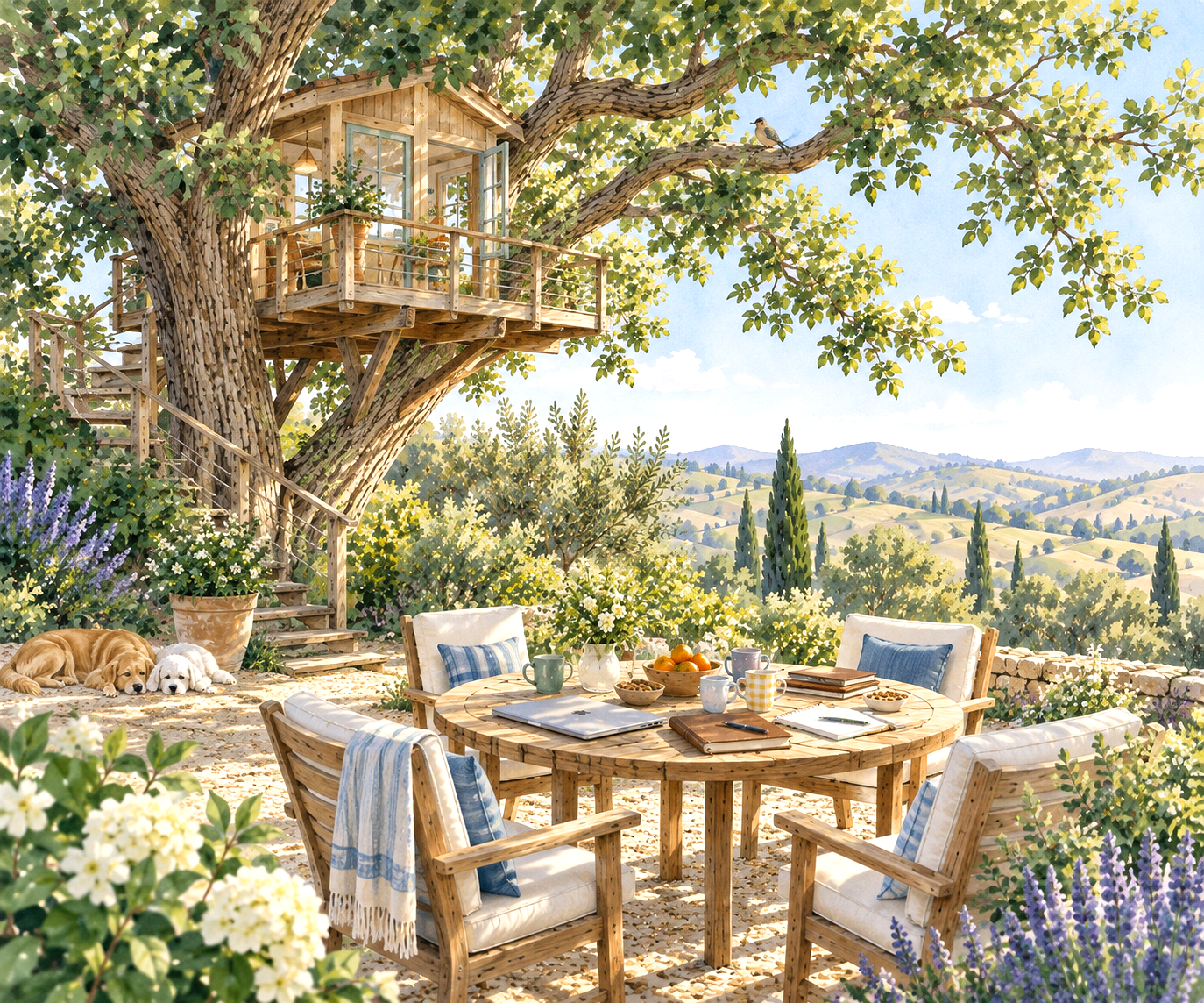 A cozy outdoor seating area under a large tree with a treehouse built into the branches. There is a round wooden table surrounded by four chairs with cushions, set with plates, cups, a bowl of fruit, and notebooks. Two dogs are resting on the ground near the table, and the scene is filled with flowering plants and lush greenery with rolling hills in the background.