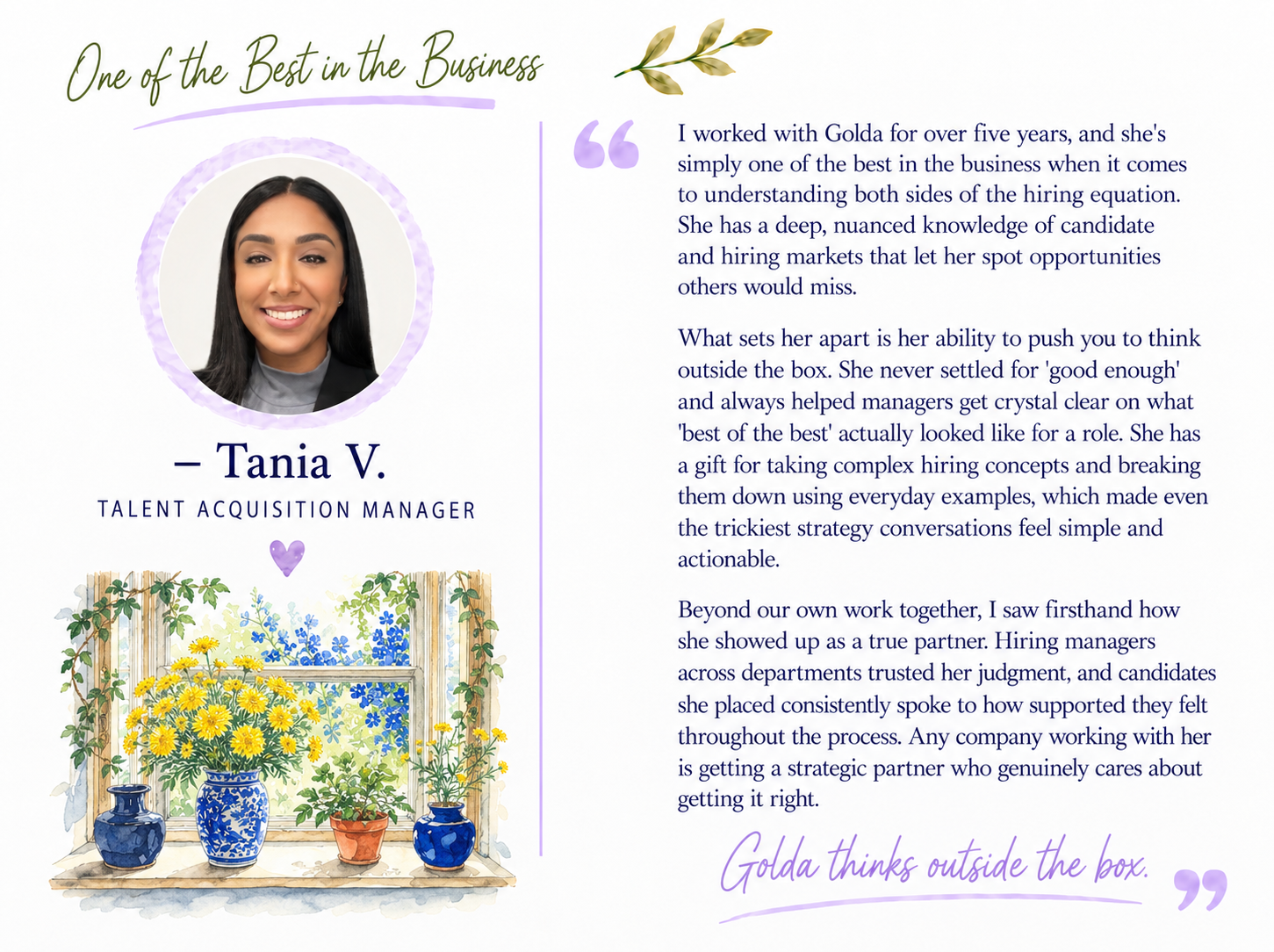 A graphic featuring a portrait of Tania V., a Talent Acquisition Manager, surrounded by a purple watercolor circle. Below her picture is a watercolor illustration of a windowsill with yellow and blue flowers in blue and terracotta pots. The text incl