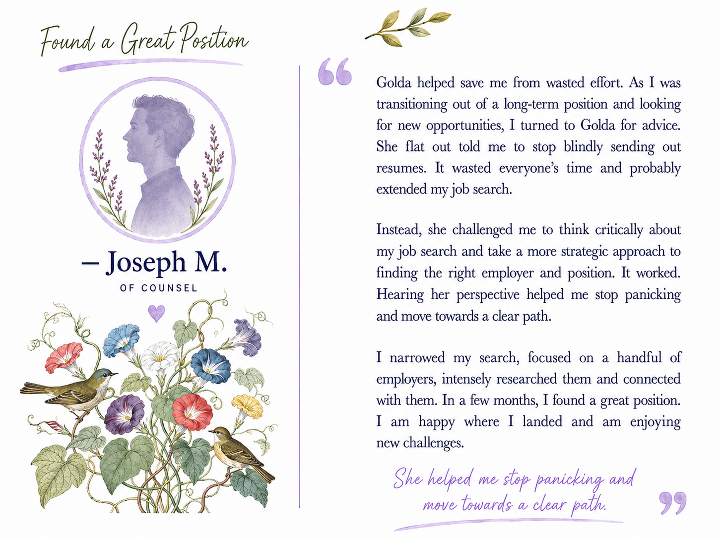 A testimonial page for Joseph M., a counselor, featuring text and an illustration. The speaker shares how advice from Golda helped improve their job search process. The page has decorative elements including a portrait of Joseph M., floral motifs, bi