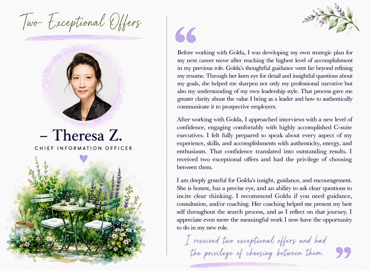 A testimonial graphic featuring a portrait of Theresa Z., a Chief Information Officer, with a floral background, garden furniture, and a quote about her positive experience working with Golda.