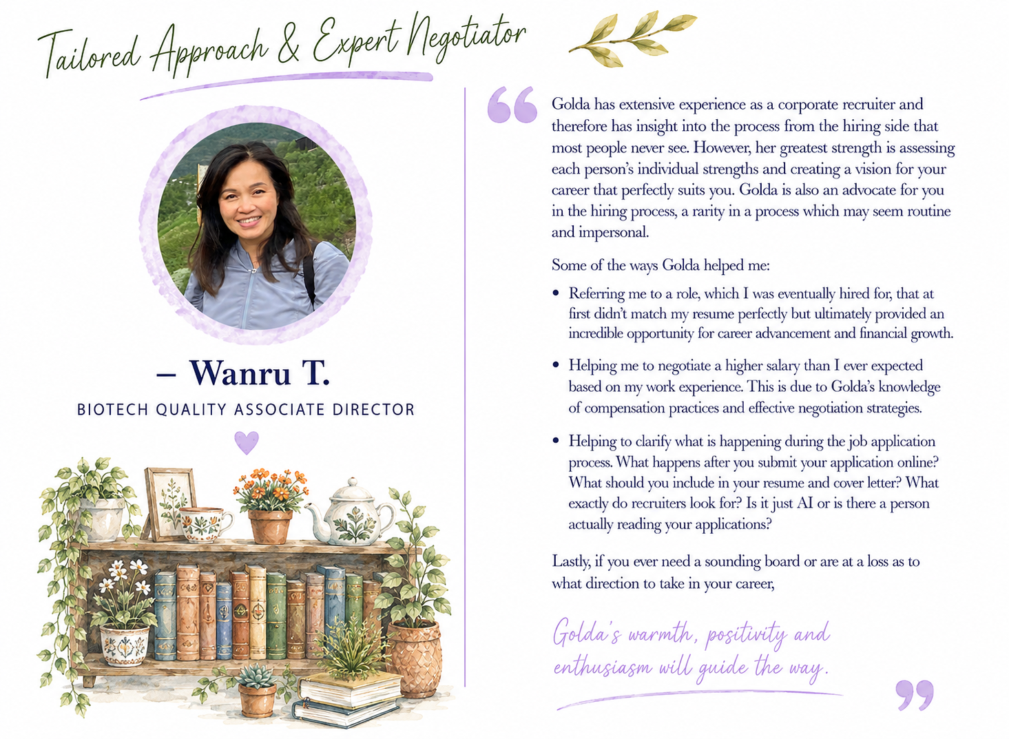 A profile of Wanru T., a Biotech Quality Associate Director, with a headshot photograph of her smiling outdoors, surrounded by a lavender watercolor circle. The image includes decorative illustrations of plants, flowers, teapots, and books on a woode