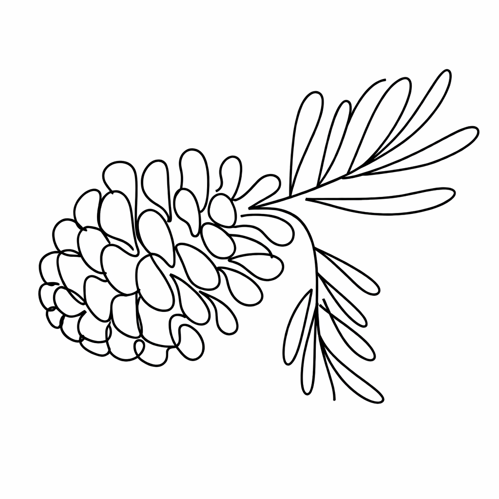 Line drawing of a pine cone with pine needles.