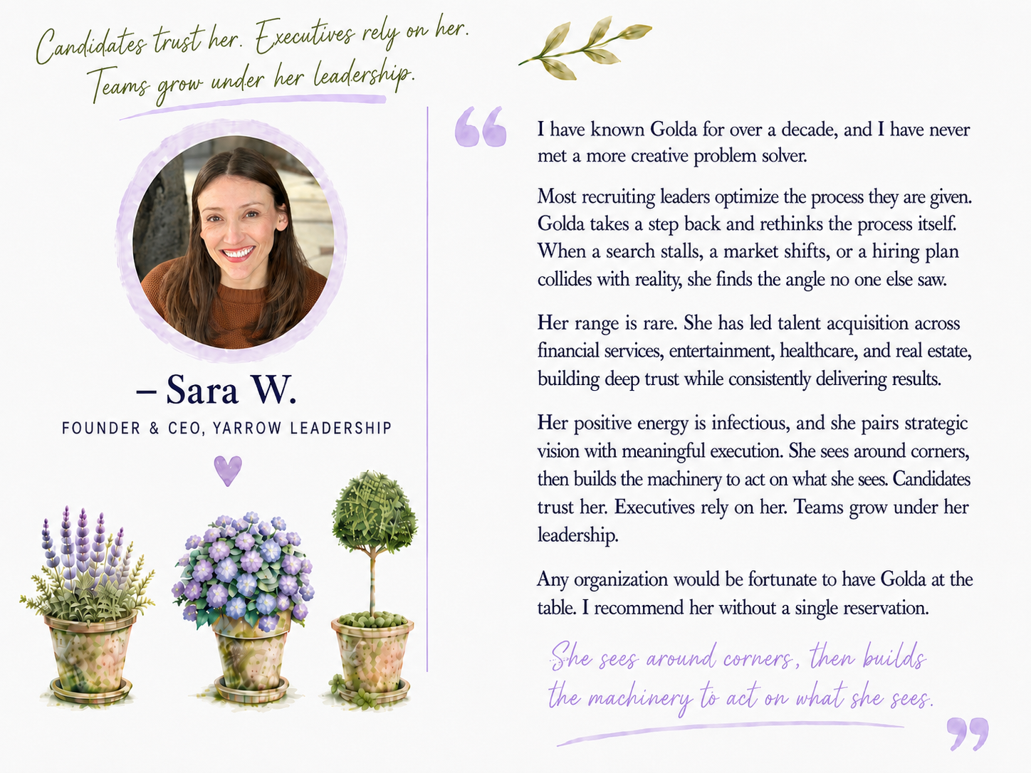 Professional profile of Sara W., founder and CEO of Yarrow Leadership, with a portrait photo and decorative plant illustrations, accompanied by a testimonial describing her leadership skills, talent acquisition experience, strategic vision, and posit
