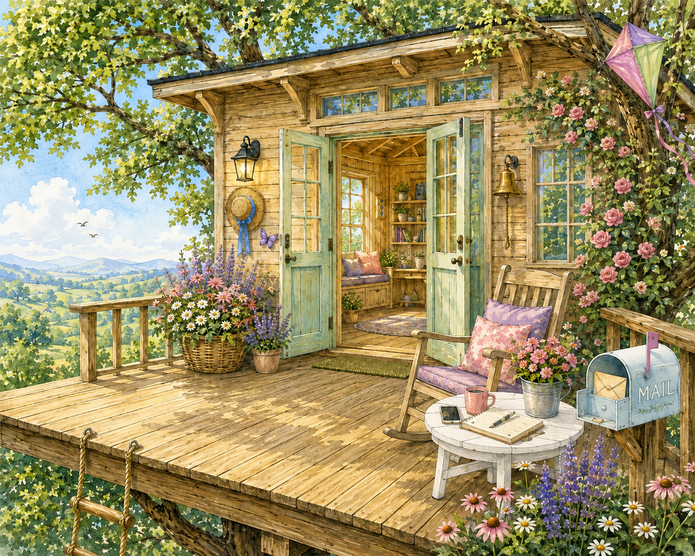 Wooden treehouse with open double doors, filled with books and plants, surrounded by blooming flowers and greenery, overlooking a countryside view.