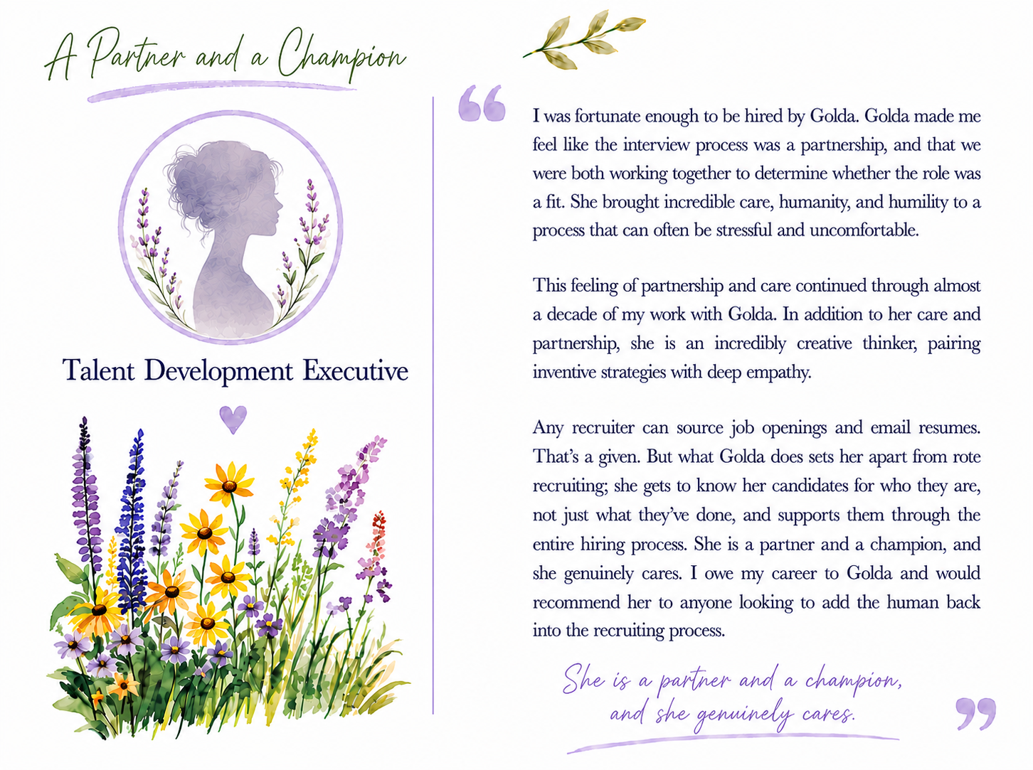 A flyer or poster with the title "A Partner and a Champion". It features a silhouette of a woman with curly hair, surrounded by lavender flowers, at the top left. Below her, there are colorful illustrations of various flowers and greenery. To the rig