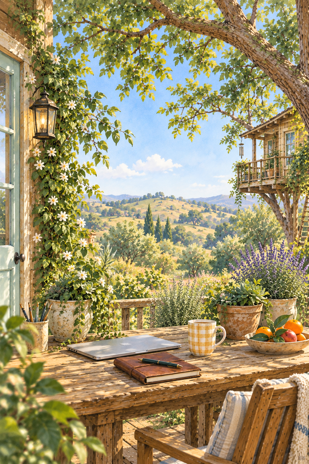 A cozy outdoor patio table with a laptop, notebooks, a cup of coffee, and potted plants, overlooking a scenic hilly landscape under a clear blue sky.