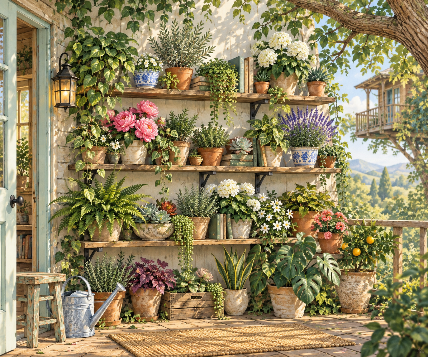 A balcony garden with multiple shelves holding a variety of potted plants and flowers in a picturesque outdoor setting, with a tree and distant hills in the background.