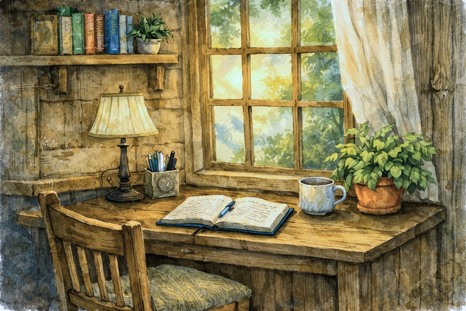 Watercolor painting of a cozy rustic desk by a window with sunlight, decorated with an open notebook, a mug, a lamp, a potted plant, and shelves with books.