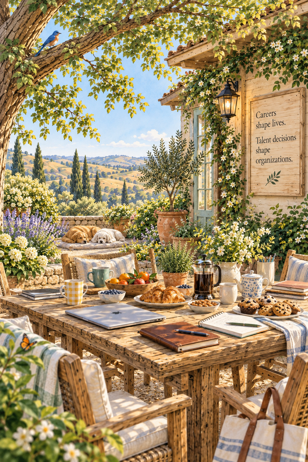 A cozy outdoor breakfast scene on a sunny patio with a wooden table set with food and drinks, surrounded by lush greenery, flowers, and rolling hills, with a dog and a cat resting on a stone wall in the background and a bird perched on a tree branch.