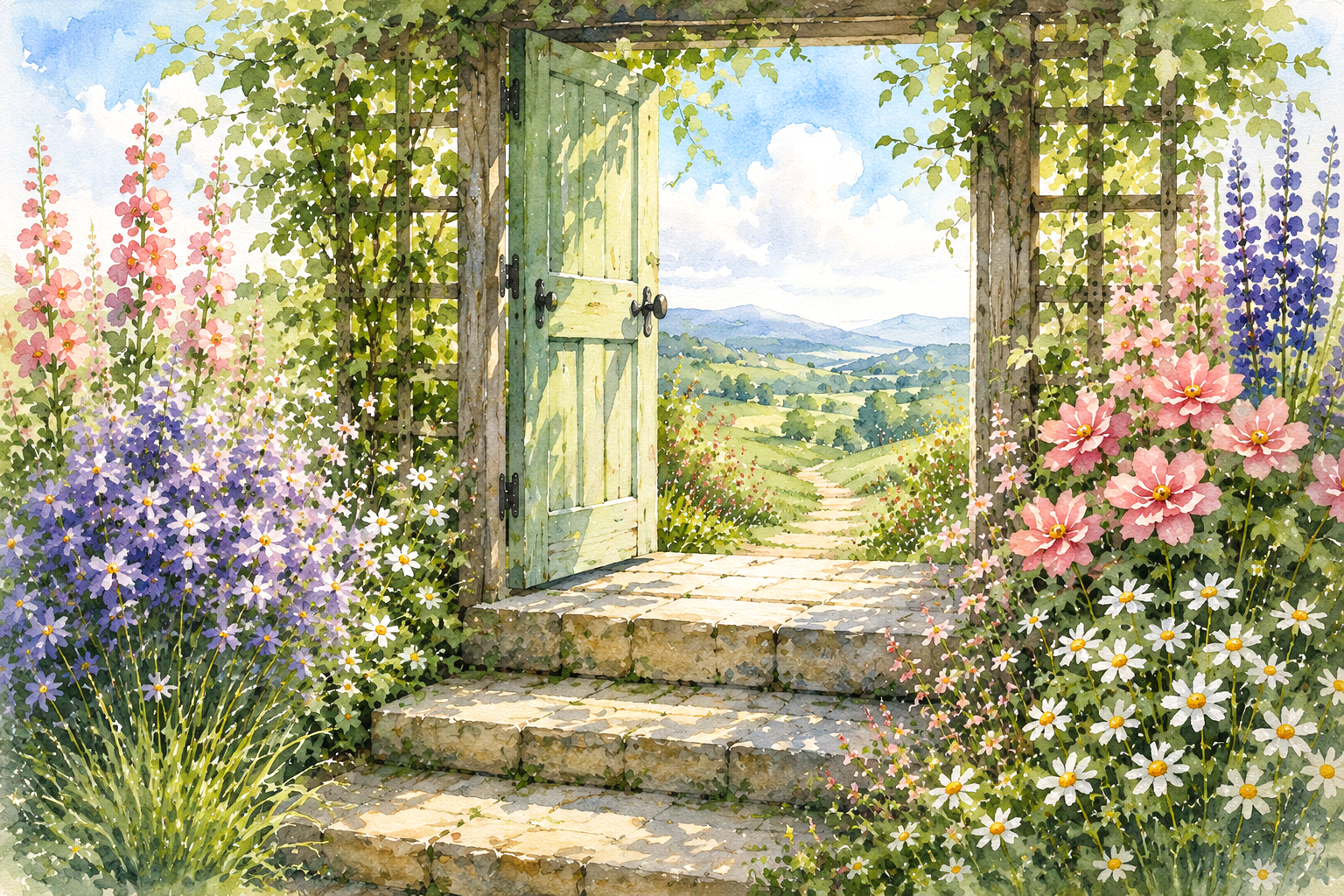 A watercolor painting of a garden gate opening to a scenic countryside with rolling hills, a dirt path, and distant mountains under a partly cloudy sky.