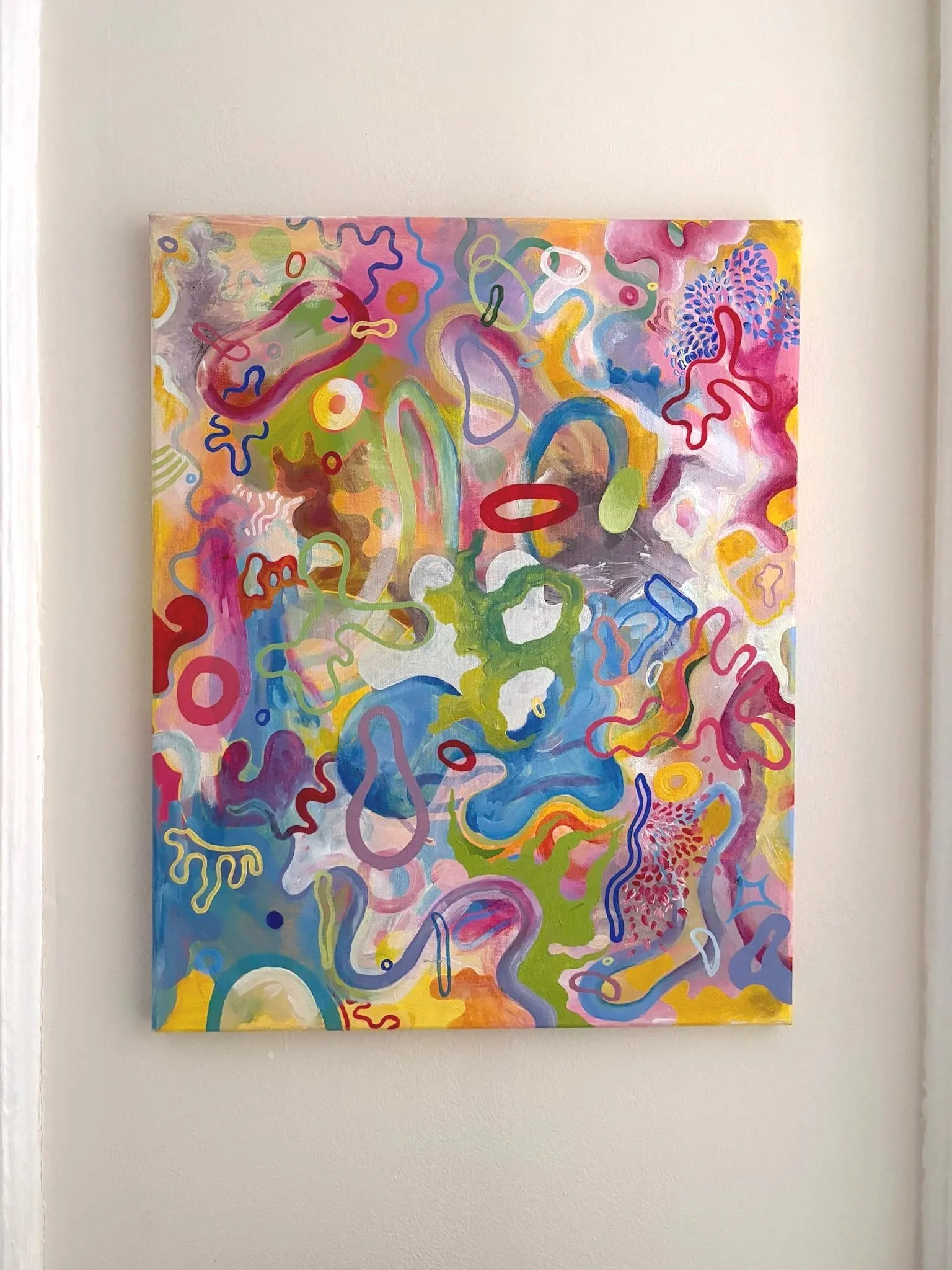 (installed) Yellow Bubbleverse (2021). Acrylic on canvas. 16" x 20". Available in shop.