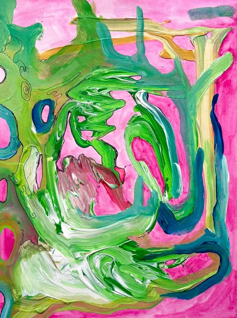 Pink and Green (2026). 8.5" x 11". Acrylic and pen on paper.