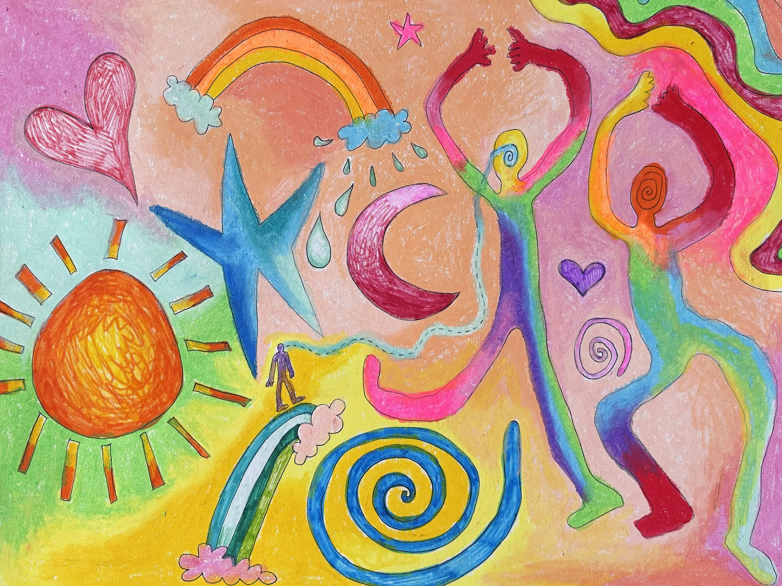 Just Two Guys Making it Through (2026). 9" x 12". Oil pastel on paper.