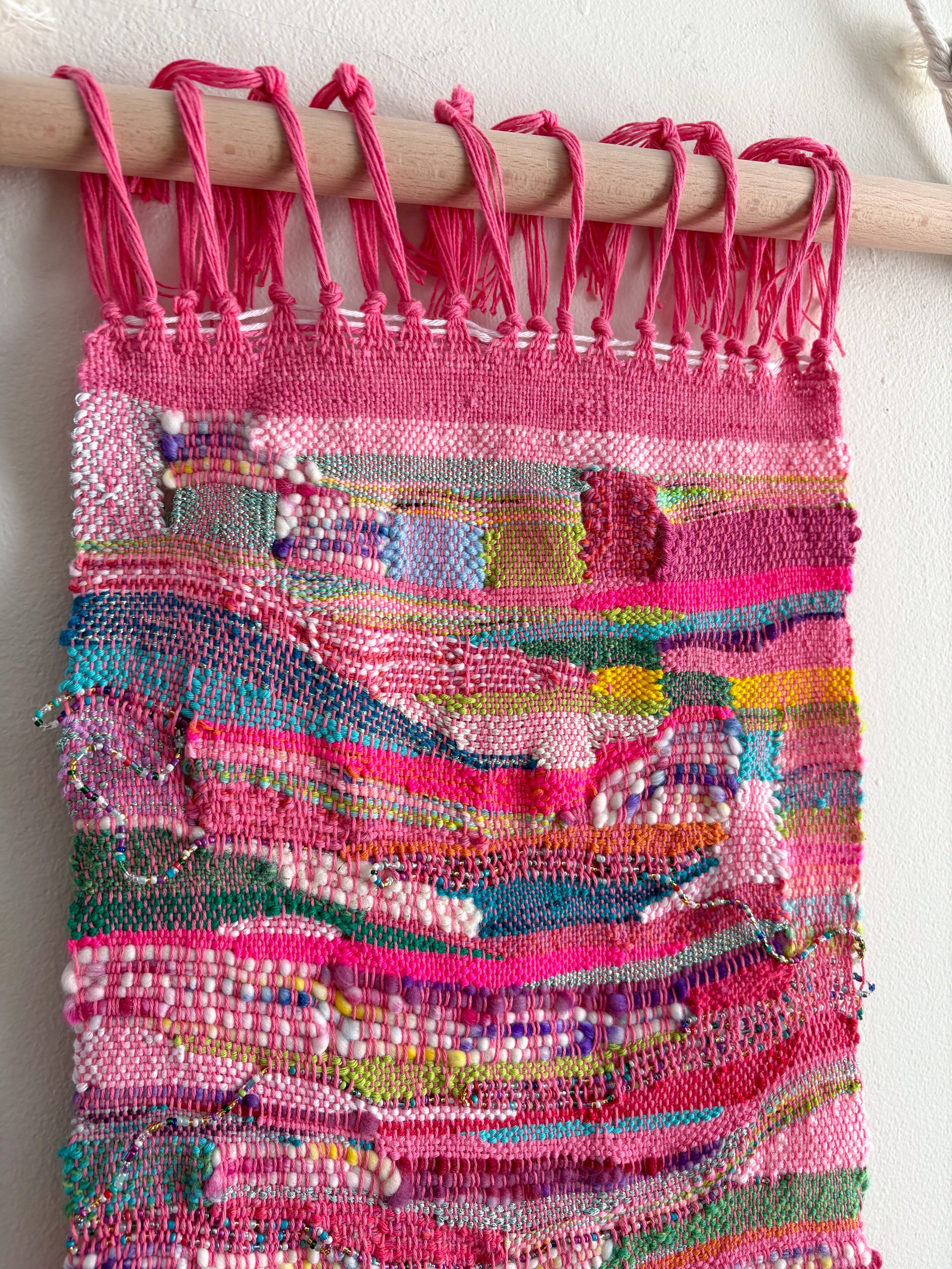 (detail) Untitled Weaving (2026).  20" x 12" x .75". Yarn, thread, beads, and wire.