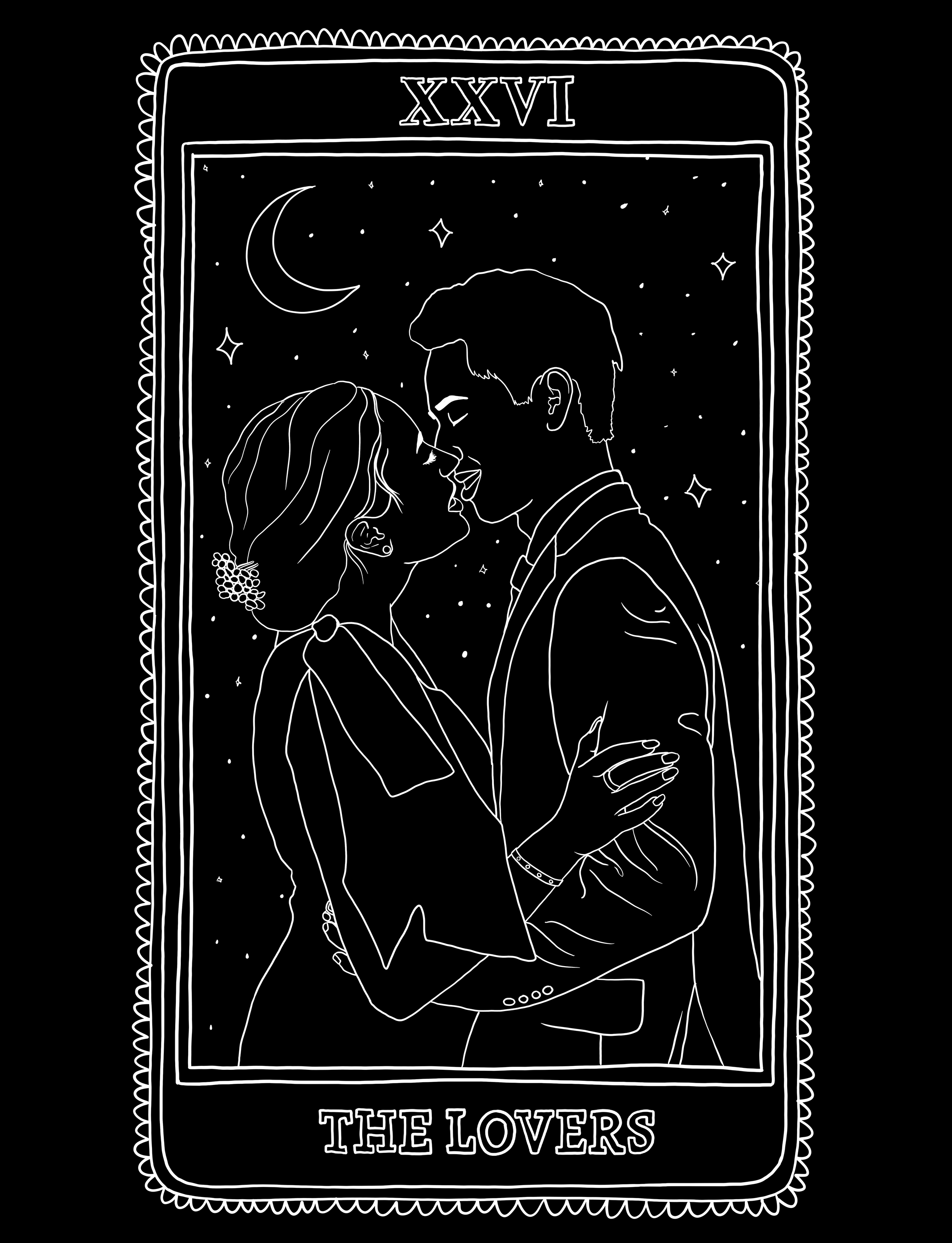 Line-drawing couple portrait with Tarot border. (Budget option! Line drawings are more affordable than portraits with higher realistic detailing. Pick featured 1-2 colors or black and white.)