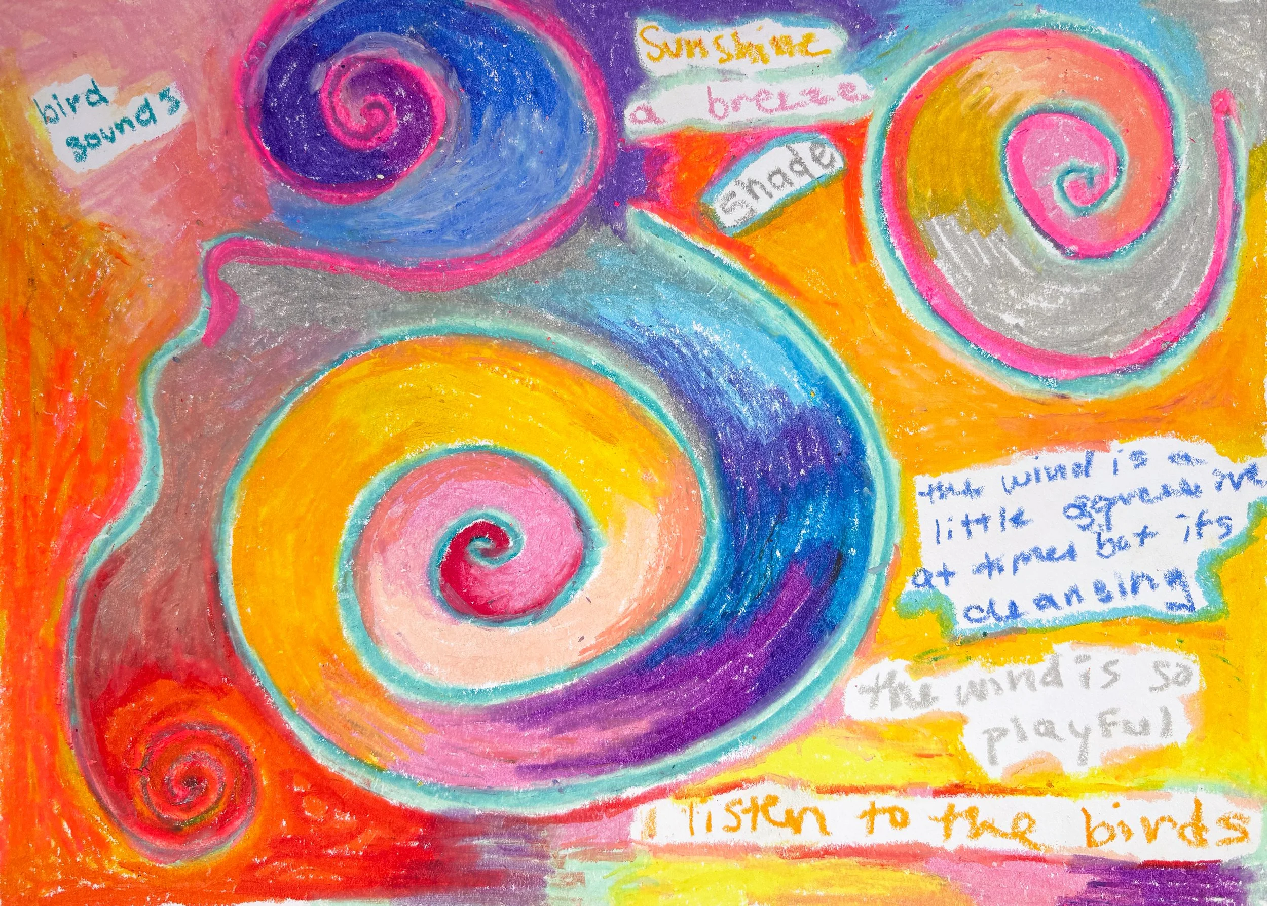Listen to the Birds (2026). 9" x 12". Oil pastel on paper. Available in shop.